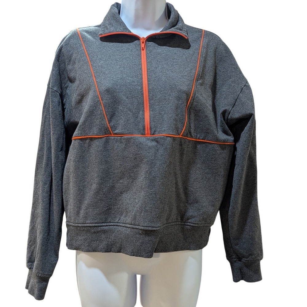 RicherPoorer Womens Quarter Zip Sweatshirt Gray Orange Piping Pullover Small